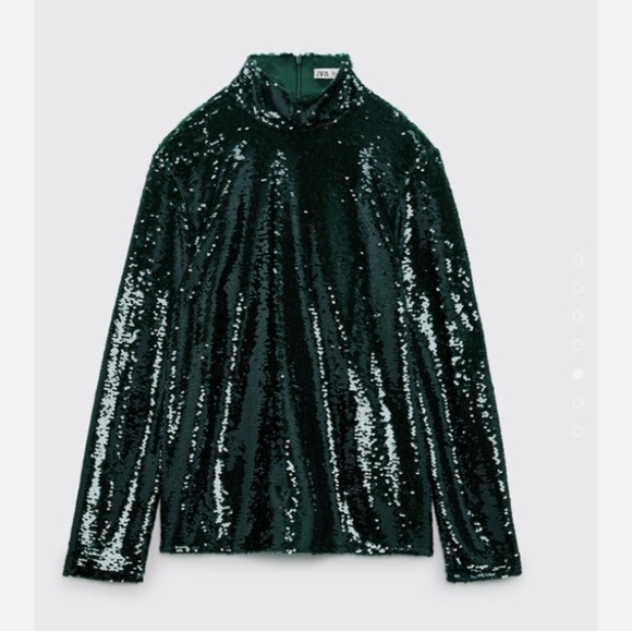 Zara Sequined Stand turtleneck color long sleeve green top Size Large NWOT - Picture 1 of 13